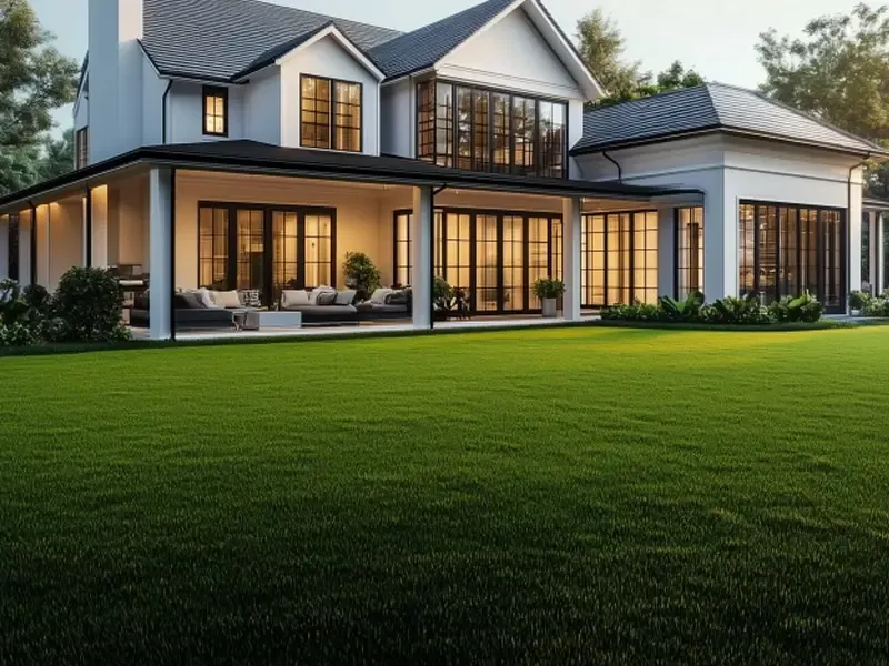 Even green lawn in front of a building with lit windows